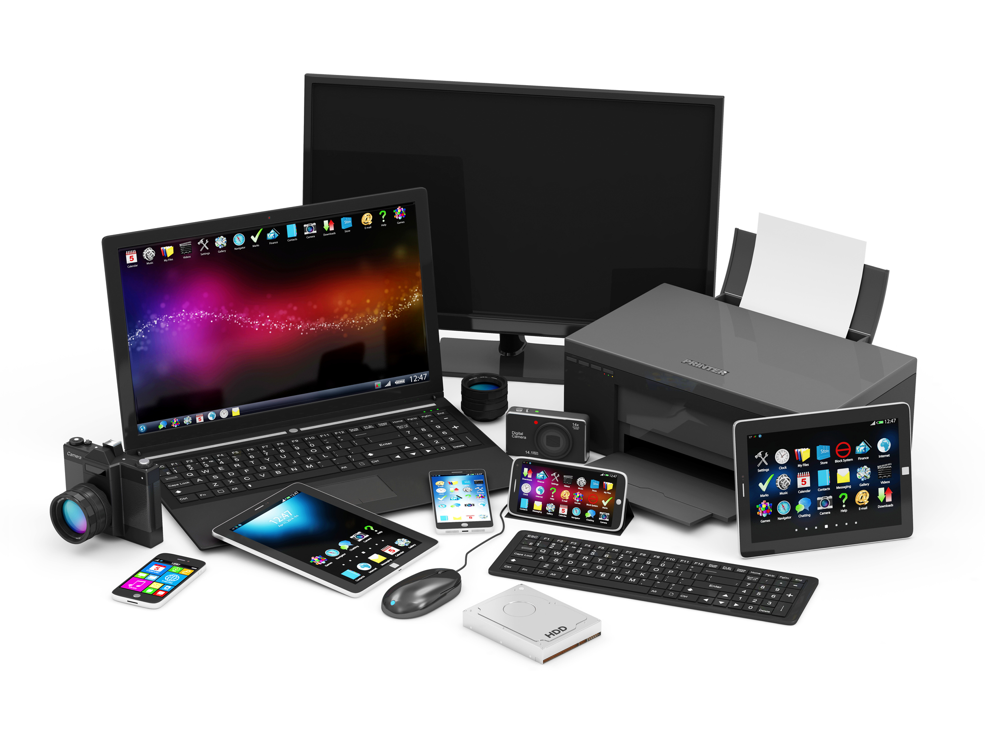 Group of Office Equipment. Laptop, Monitor, Tablet PC, Smart Phone, Printer, Keyboard, Camera Lens, Digital Photo Camera, Computer Mouse and Hard Disk Drive
